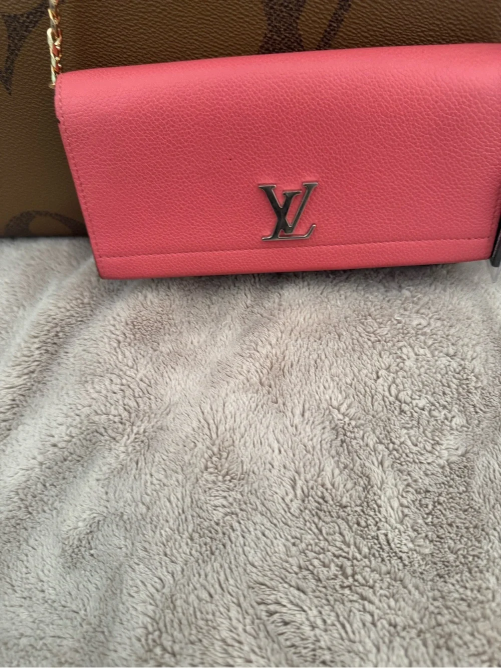 Louis Vuitton Pink and Brown Crossbody Wallet with Gold Chain